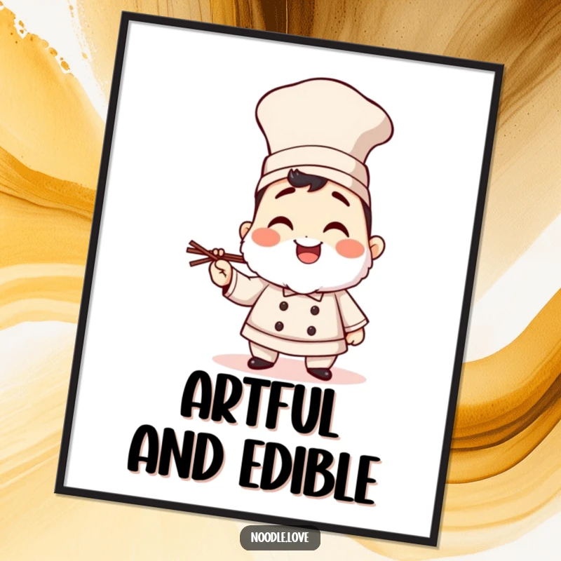 Funny giggling sushi chef character poster in a tall hat, holding chopsticks, adding a delightful Japanese culinary and humorous touch.