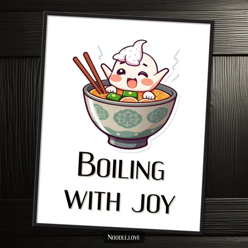 Funny ramen poster art featuring a giggling character leaping energetically from steaming broth, a humorous and appetizing visual delight.