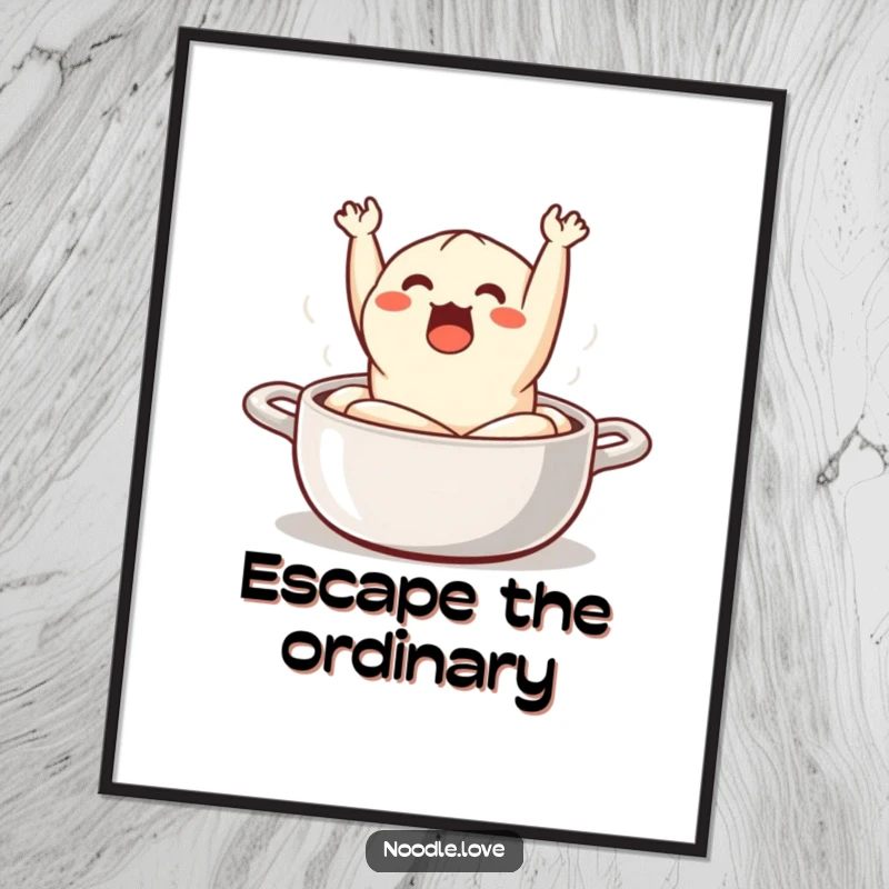 Funny Poster: a surprised dumpling comically jumping out of a steaming pot, perfect for adding vibrant humor to any room.