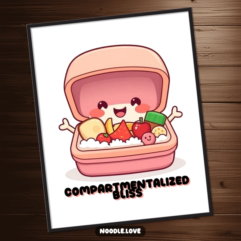 Funny bento box poster art featuring a cheerful character popping open to reveal tiny smiling food, a delightful and humorous visual.