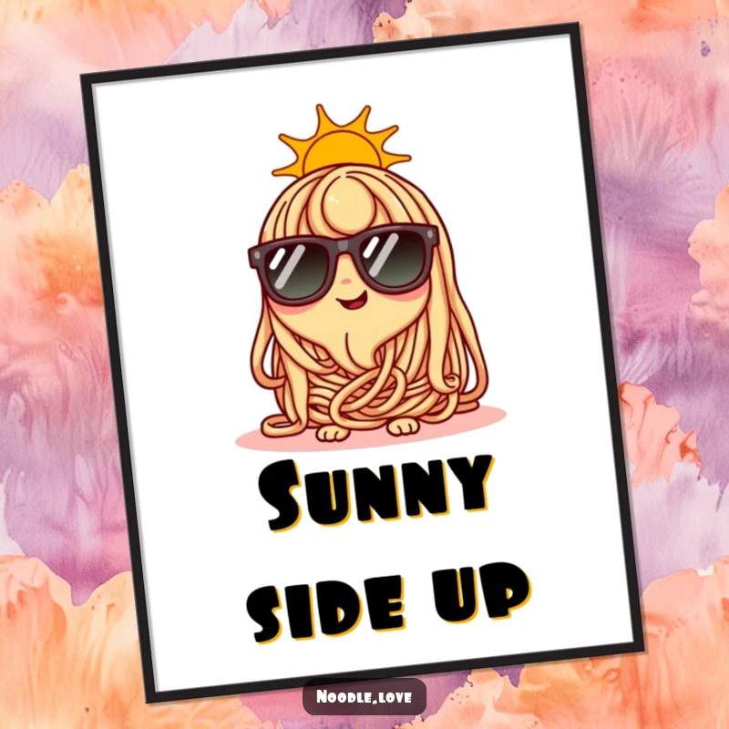 Funny happy noodle character wearing tiny sunglasses on a sunny day, cool wall art.