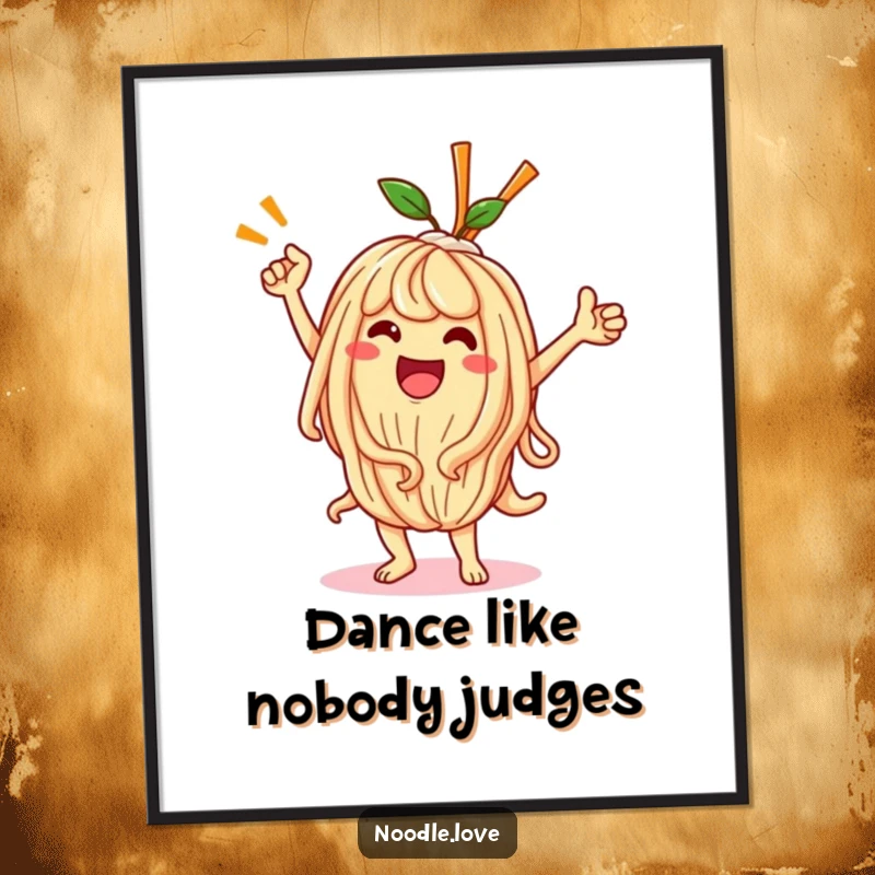 Funny Kawaii noodle character executing a dynamic victory dance, printed as vibrant wall art poster.