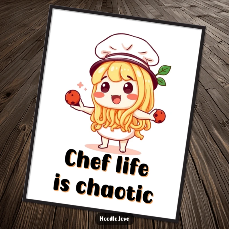 Funny Noodle Character Chef Juggling Meatballs Poster Art - Whimsical pasta chef illustration, humorous kitchen decor, funny gift.