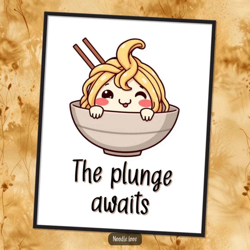 Funny Noodle Dive Poster: A smiling noodle character joyfully dives into a bowl, a fun and appetizing piece of wall art.