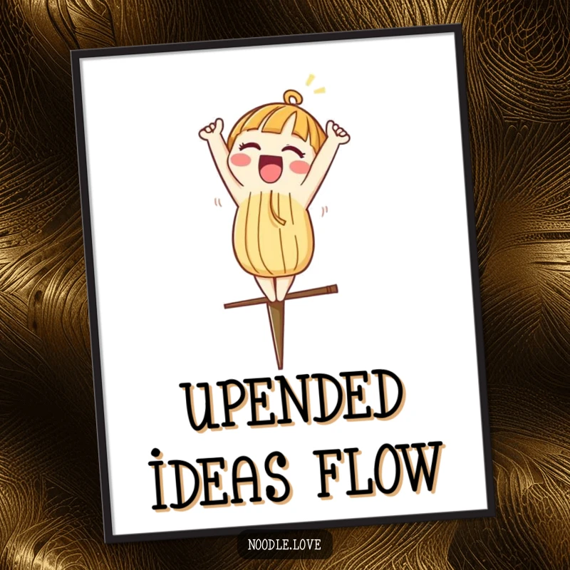 Funny poster art of a noodle character excitedly doing a headstand on a chopstick, ideal for decor.