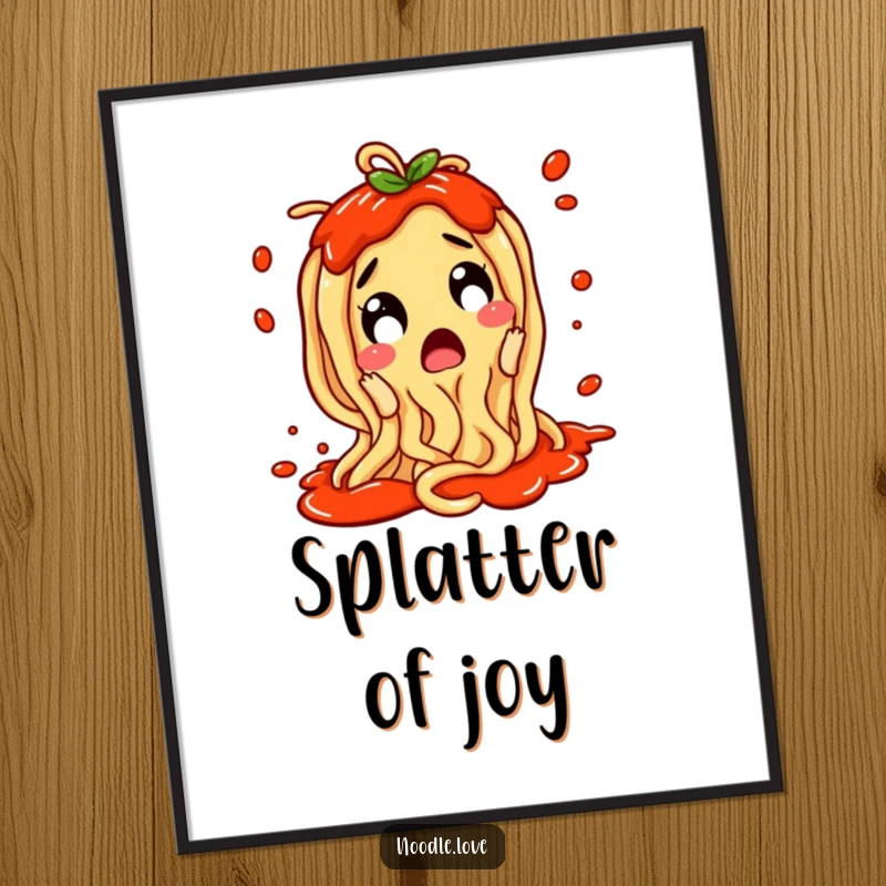 Funny Noodle Poster: A surprised noodle character wiggling excitedly with sauce splattering, a playful food art.