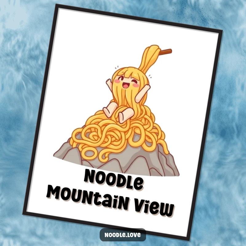 Funny poster art of a cheerful noodle character gleefully sliding down an immense mountain of noodles, adding whimsical humor to decor.