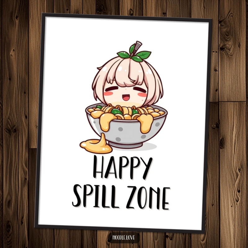 Funny poster art of a ramen bowl character with a small, happy spill, looking adorably embarrassed, adding humor to wall decor.
