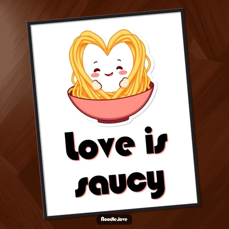 Funny Spaghetti Heart Poster: A spaghetti character shapes a heart in a bowl, symbolizing culinary love, perfect for funny kitchen decor gifts.