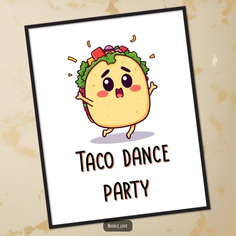 Funny Surprised Taco Poster: A surprised taco dances energetically with toppings flying, perfect for adding funny fiesta decor and gifts.