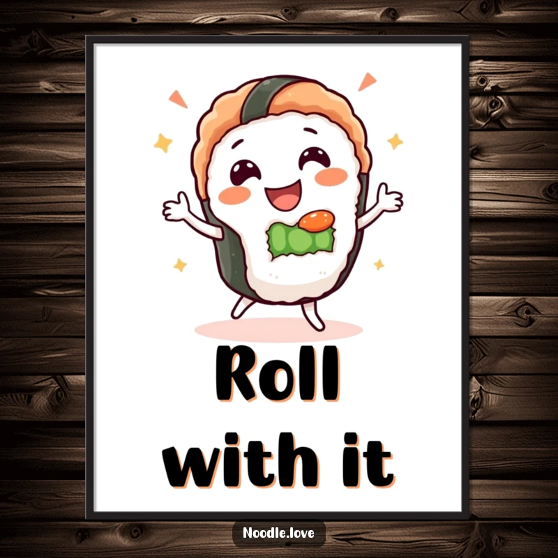 Funny Sushi Dance Poster: Gleeful sushi character with a happy face performs a silly dance, a fun and vibrant piece of wall art.