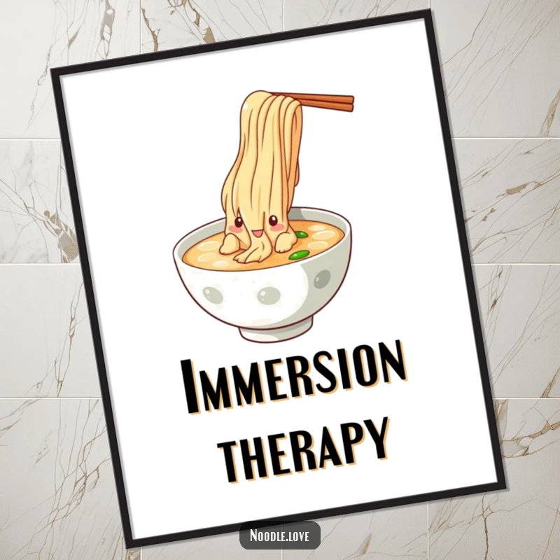 Funny Noodle Dive Poster, a comical illustration of a noodle character performing a dramatic dive into a steaming bowl of broth.