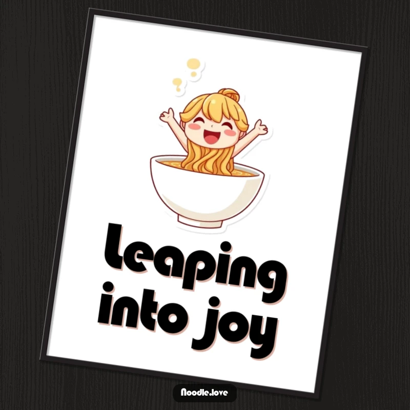 Funny smiling noodle character leaping joyfully out of a steaming bowl, vibrant wall art.