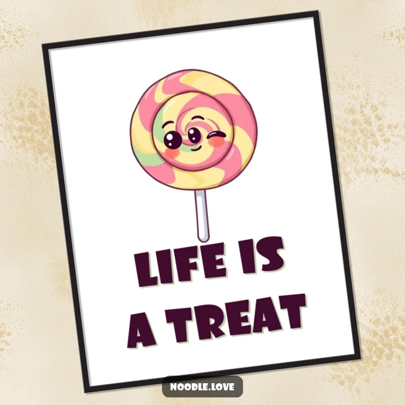 Funny Kawaii lollipop character spinning with delight, presented as a humorous art print, perfect for adding cheerful decor.