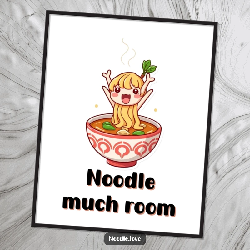 Funny poster displaying a cute noodle character leaping ecstatically from a steaming bowl of broth, capturing a moment of pure delight.