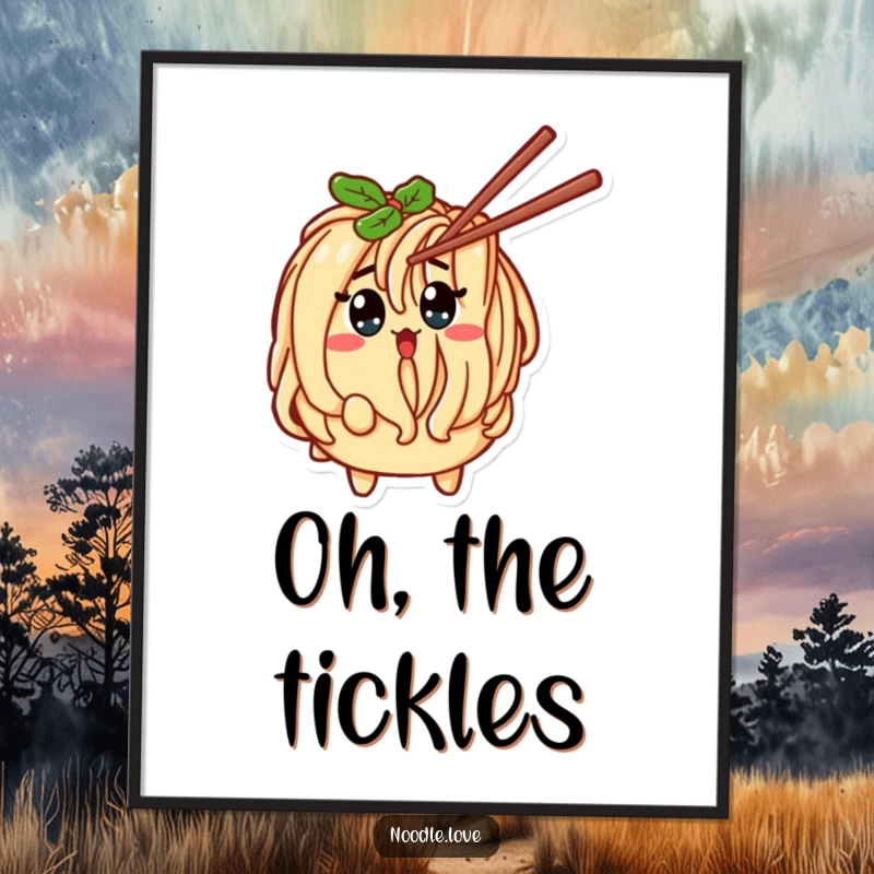 Funny Noodle Character Surprised by Tickling Chopstick Poster Art - Comical pasta character illustration, humorous wall decor, funny gift.
