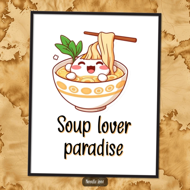 Funny Ramen Bowl Character Splashing Happily in Broth Poster Art - Joyful food character illustration, humorous wall decor, funny gift.