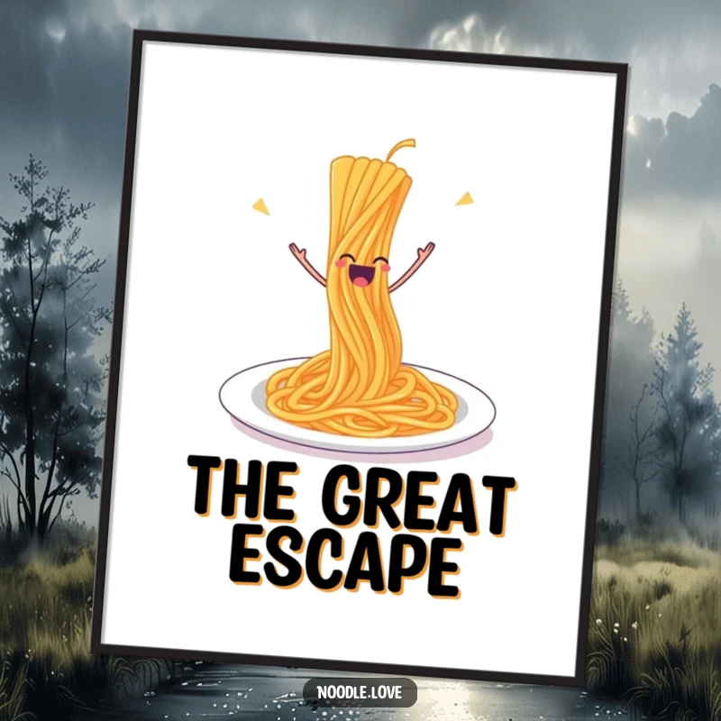 Funny Spaghetti Poster: A single strand of spaghetti joyfully leaping off its plate, celebrating the freedom of food.