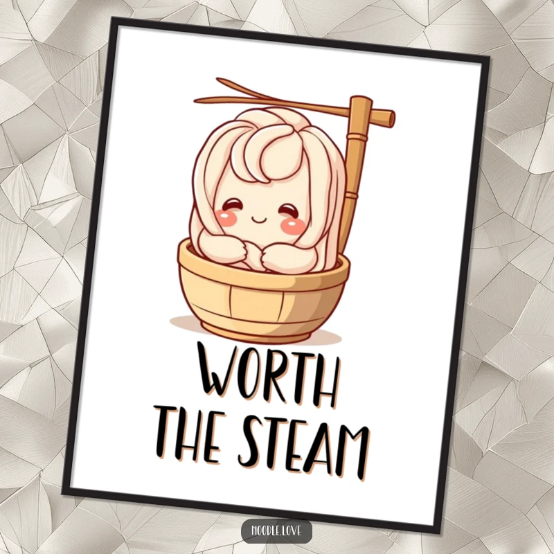 Funny udon noodle character smiling and embracing a bamboo steamer, a joyful and humorous art print for kitchens or dining areas.