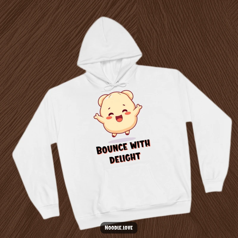Funny Dumpling Hoodie: A dumpling character bouncing with excitement, offering cozy joy and a funny gift.