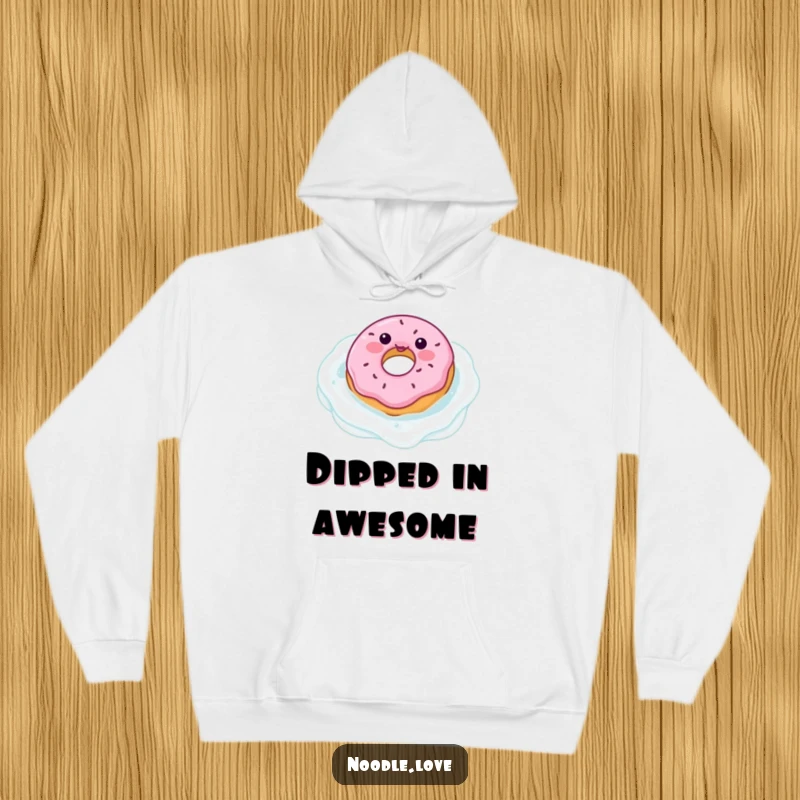 Funny donut character hoodie, depicted floating in a milk pool, offering cozy comfort and a sweet, indulgent sense of humor.