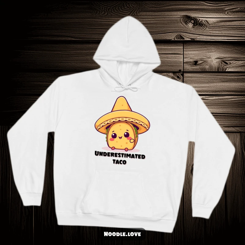 Funny Kawaii taco character curiously peeking from under a giant sombrero, printed on a comfortable hoodie.
