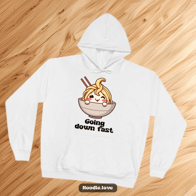 Funny Noodle Dive Hoodie: A smiling noodle character gleefully dives into a bowl, offering warm comfort and food-related humor.