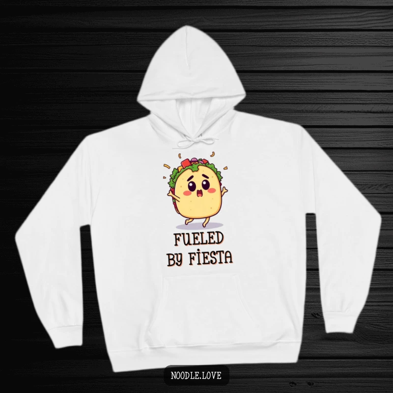 Funny Surprised Taco Hoodie: A surprised taco dances energetically with flying toppings, offering warm and funny fiesta vibes, a great gift.