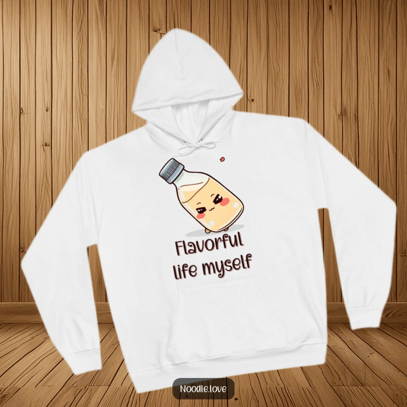 Funny Shoyu bottle hoodie, smirking, tipping playfully, cute kitchen apparel, fantastic funny gift.