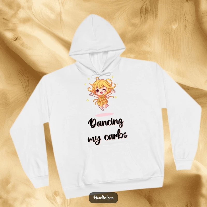 Funny hoodie showing a noodle character dancing and twirling with abandon, emitting sparkles. Cozy and fun funny gift.