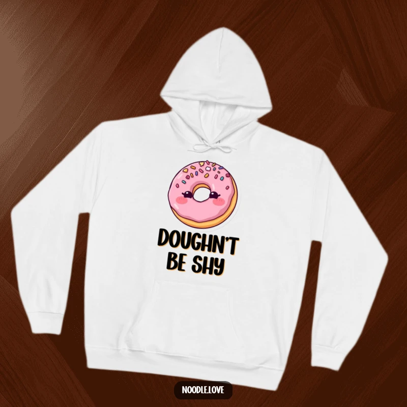 Funny Blushing Donut Hoodie: A cute donut with sprinkles blushes and winks, soft and funny gift.