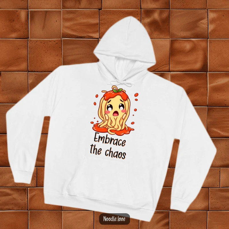 Funny Noodle Hoodie: A surprised noodle character wiggling with excitement and sauce splatters, perfect for cozy foodies.