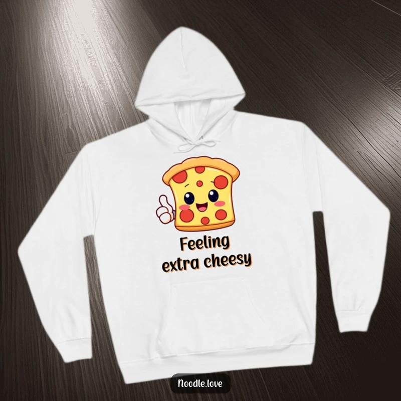Funny Kawaii pizza slice character giving a thumbs up, featured on a warm and humorous hoodie, ideal for chilly days.