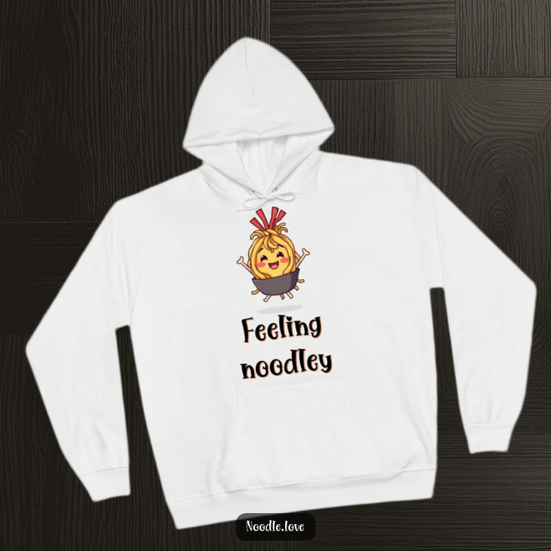 Funny Hoodie: A delightful fried noodle character bouncing with joy, designed for comfort and food-themed humor.