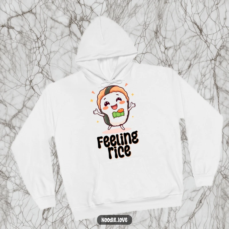Funny Sushi Dance Hoodie: Gleeful sushi character dances with joy, offering warm comfort and food-related fun.