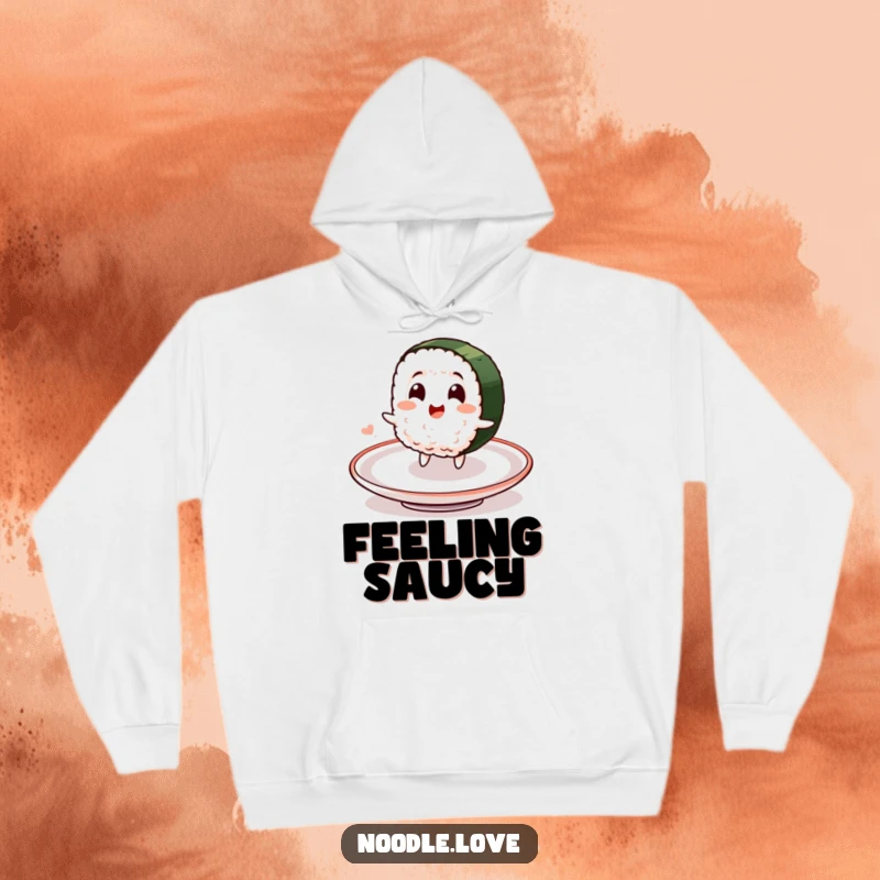 Funny hoodie with a smiling sushi character delightedly spinning on a plate, perfect for cozy moments and humorous appeal.