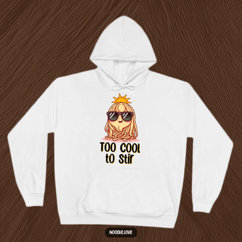 Funny happy noodle character wearing tiny sunglasses, sunny day, cozy and cool hoodie.