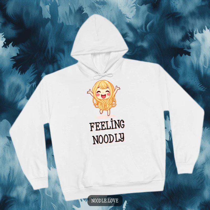 Funny hoodie depicting a happy noodle character joyfully doing a little dance, perfect for staying cozy.