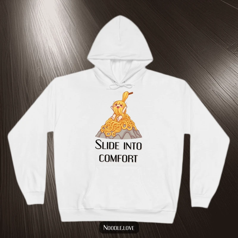 Funny hoodie displaying a happy noodle character gleefully descending a towering mountain of noodles, perfect for cozy, humorous lounging.