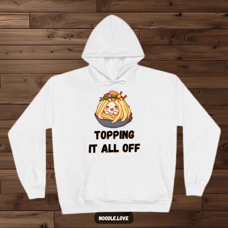 Funny hoodie showing a content noodle character happily nestled and burrowing into an enormous, colorful mound of delicious food toppings.