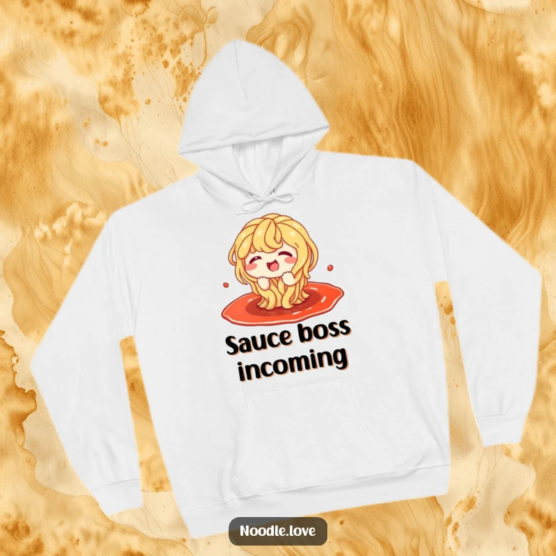 Funny hoodie depicting a joyful noodle character mid-splash, giggling in a generous puddle of savory sauce.