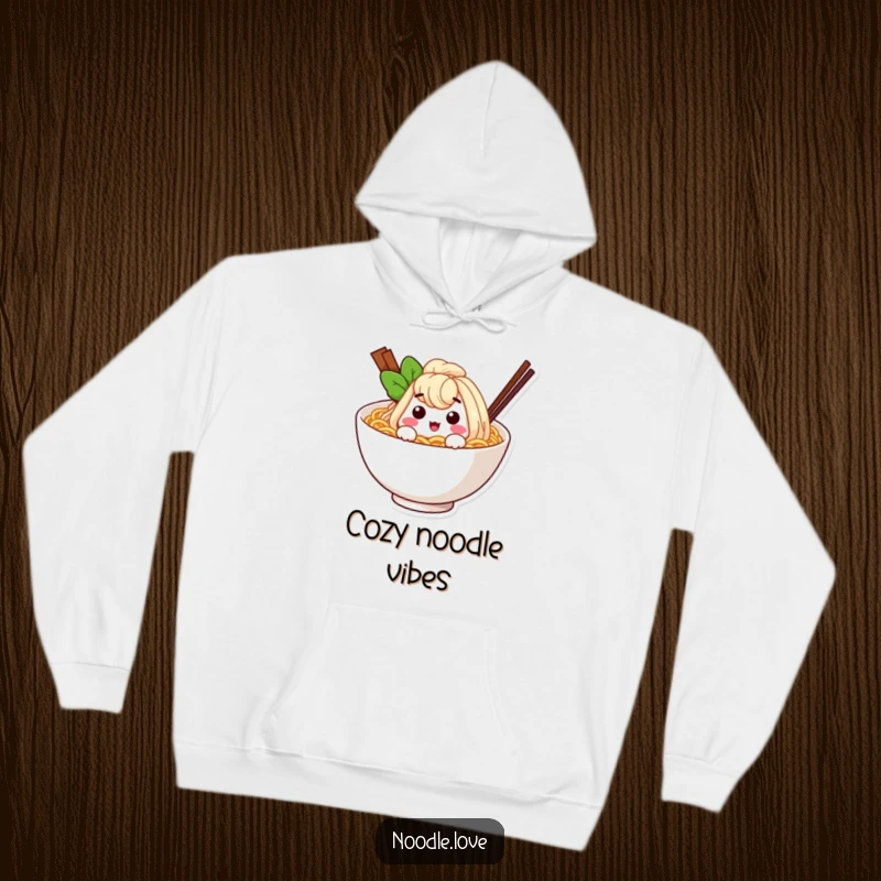 Funny ramen noodle character winking from within a cozy bowl, a warm and humorous hoodie for ultimate comfort.