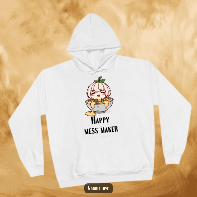 Funny hoodie with an embarrassed yet happy ramen bowl character showing a slight spill, perfect for cozy, humorous wear.