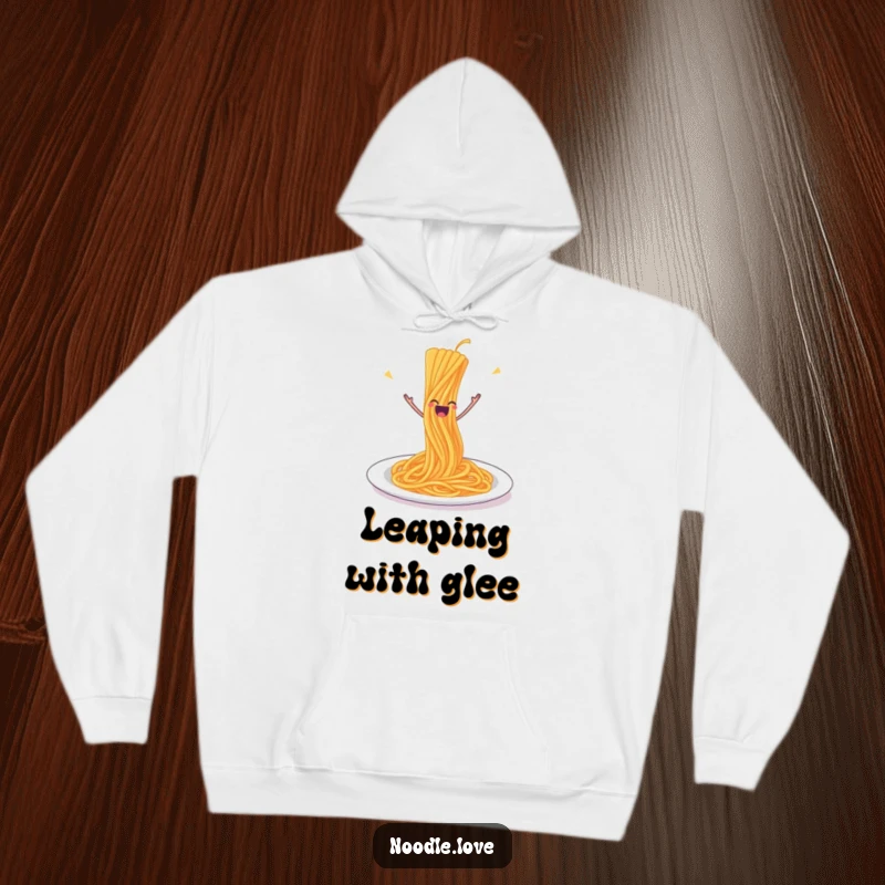 Funny Spaghetti Hoodie: A happy strand of spaghetti playfully leaping from its plate, embodying energetic food enjoyment.