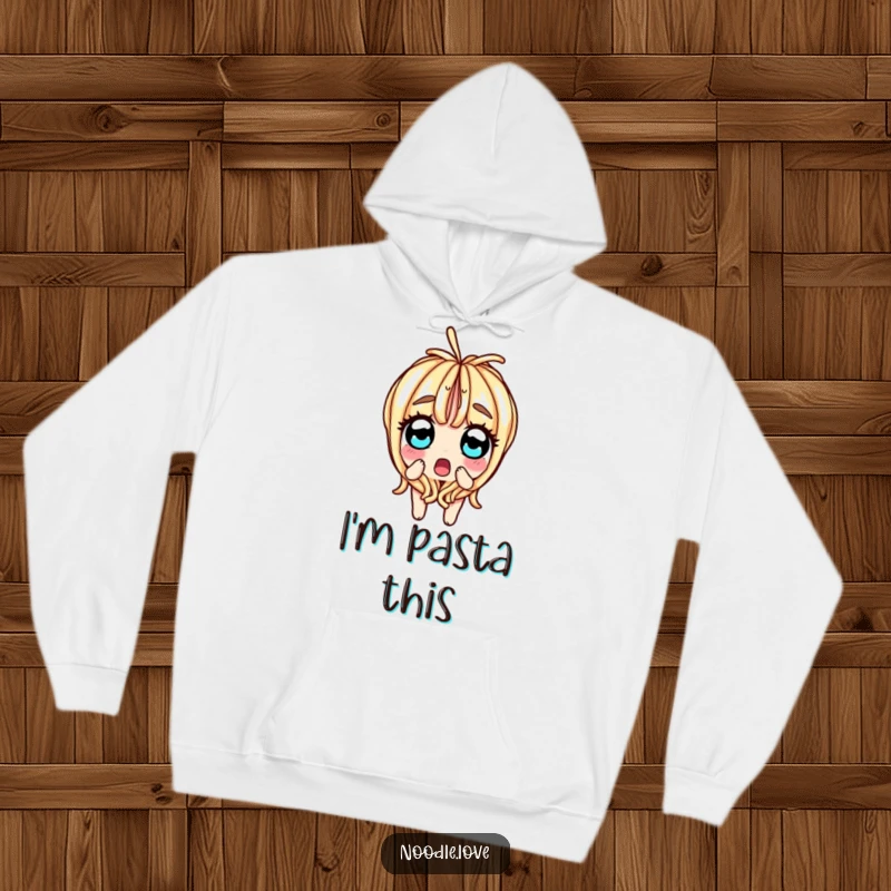 Funny hoodie depicting a surprised noodle character splitting in half, with wide, shocked eyes, embodying a moment of culinary chaos.