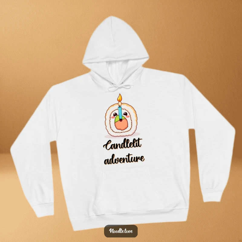 Funny Sushi Birthday Hoodie, showing a sushi roll character excitedly revealing a birthday candle, ideal for cozy festive moments.