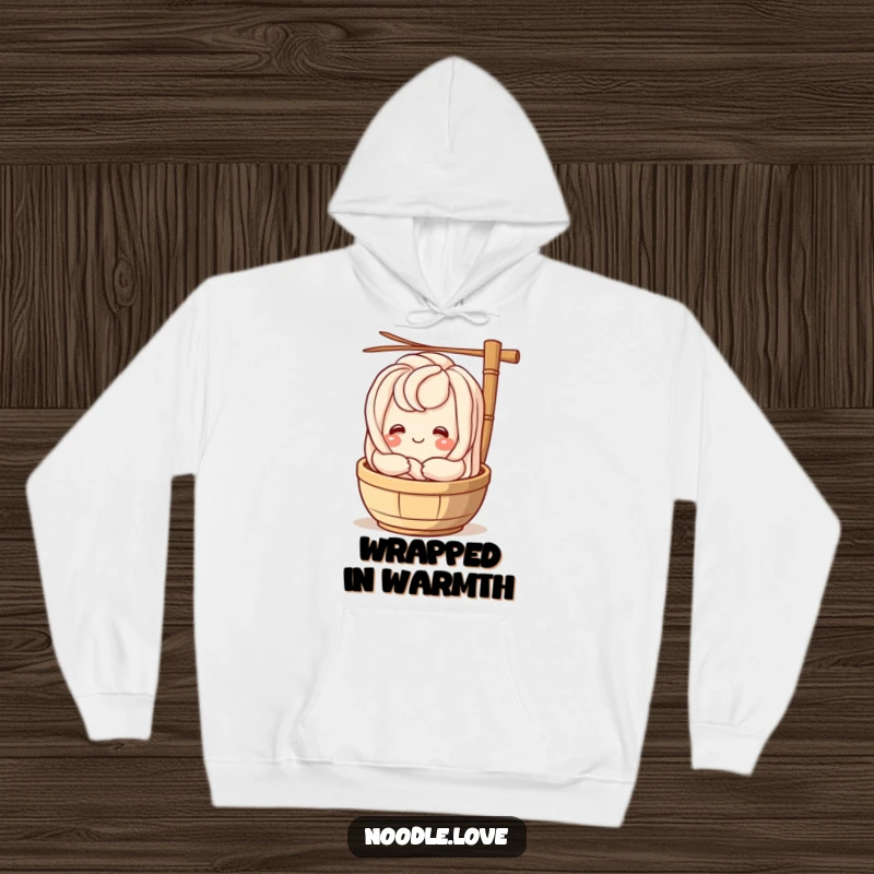 Funny udon noodle character smiling and hugging a bamboo steamer, a warm and humorous hoodie for noodle aficionados.