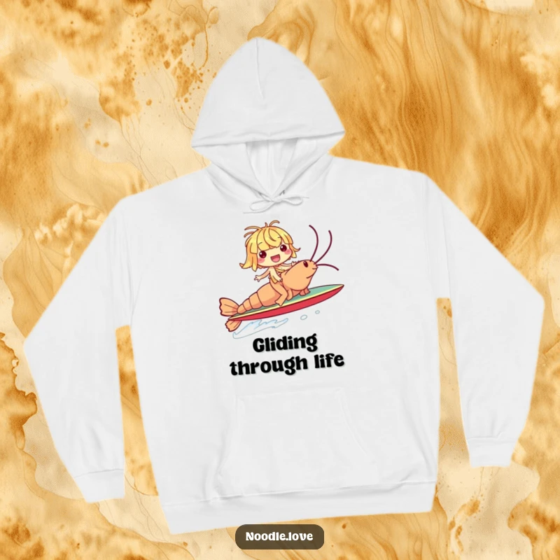 Funny hoodie with a giggling noodle character riding a giant shrimp like a surfboard, offering warmth and playful adventure.