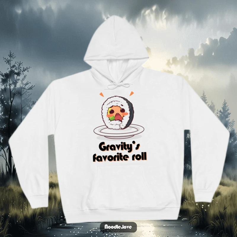 Funny sushi roll hoodie showing a surprised character yelping as it falls off a plate, perfect for cozying up with a laugh.