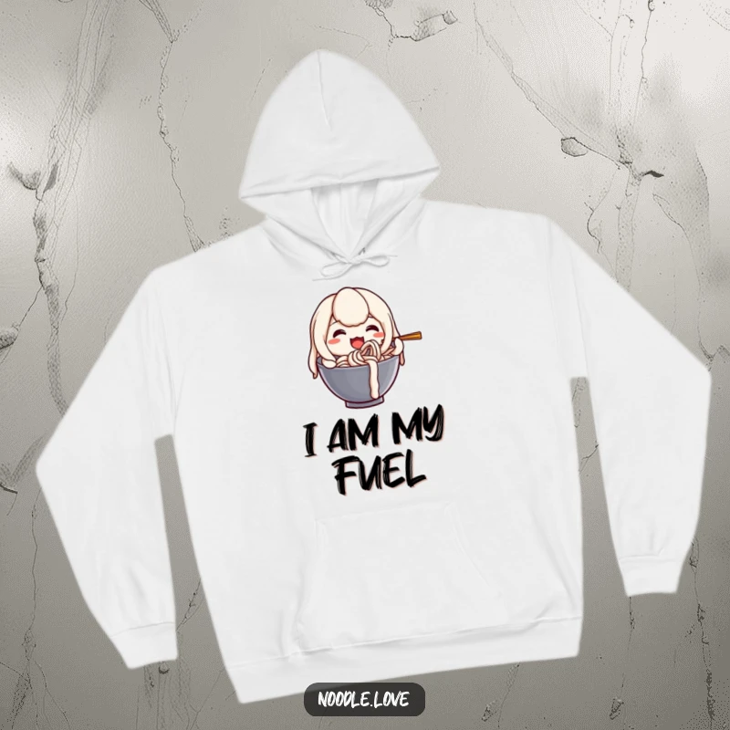 Funny hoodie depicting a happy anthropomorphic udon noodle character joyfully slurping itself, designed for cozy enjoyment.